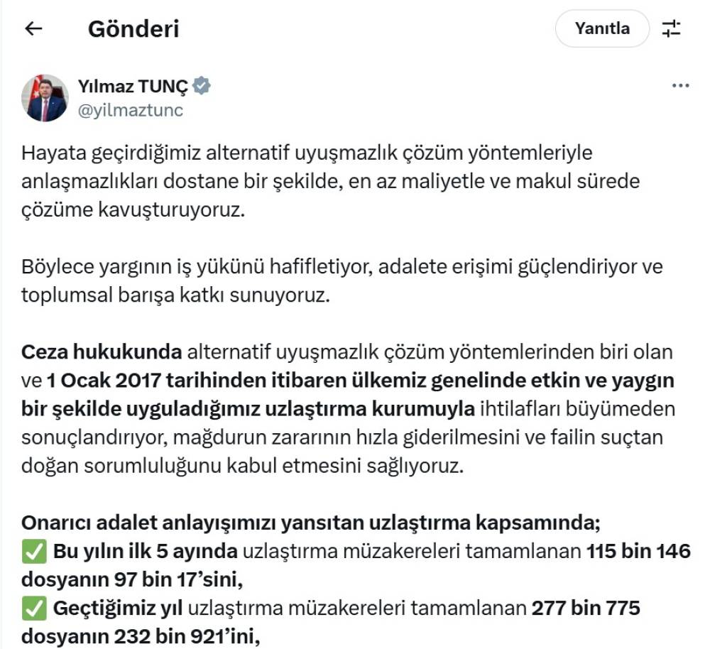 Bakan Tunç: Uzlaşma oranını yüzde 83'e çıkararak büyük bir başarıya imza attık