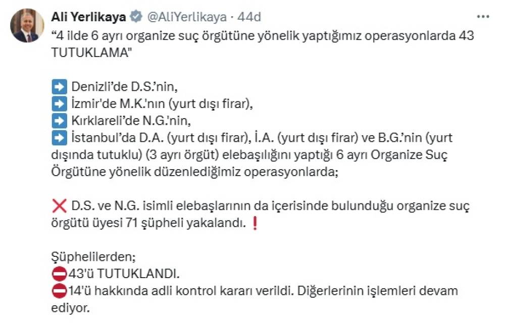 4 ilde, 6 ayrı organize suç örgütüne yönelik operasyon; 43 tutuklama