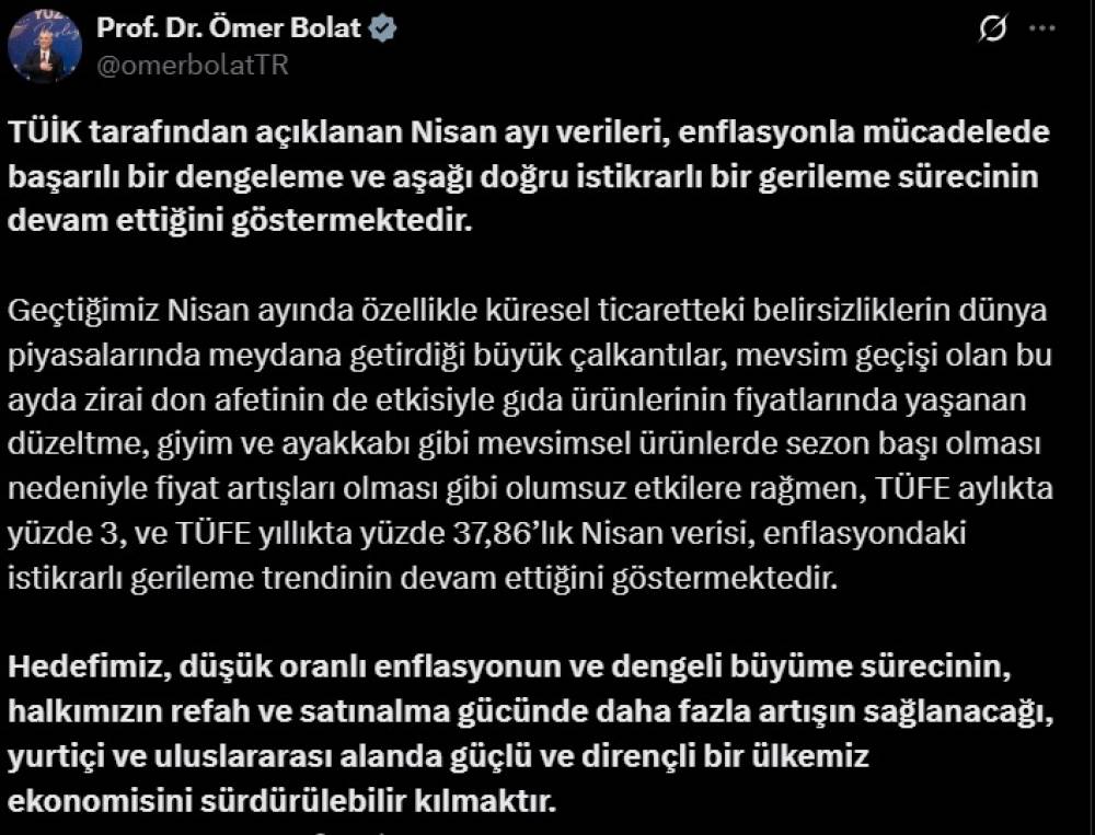 Bakan Bolat: TÜİK verileri, enflasyonla mücadelede başarılı bir dengeleme göstermekte