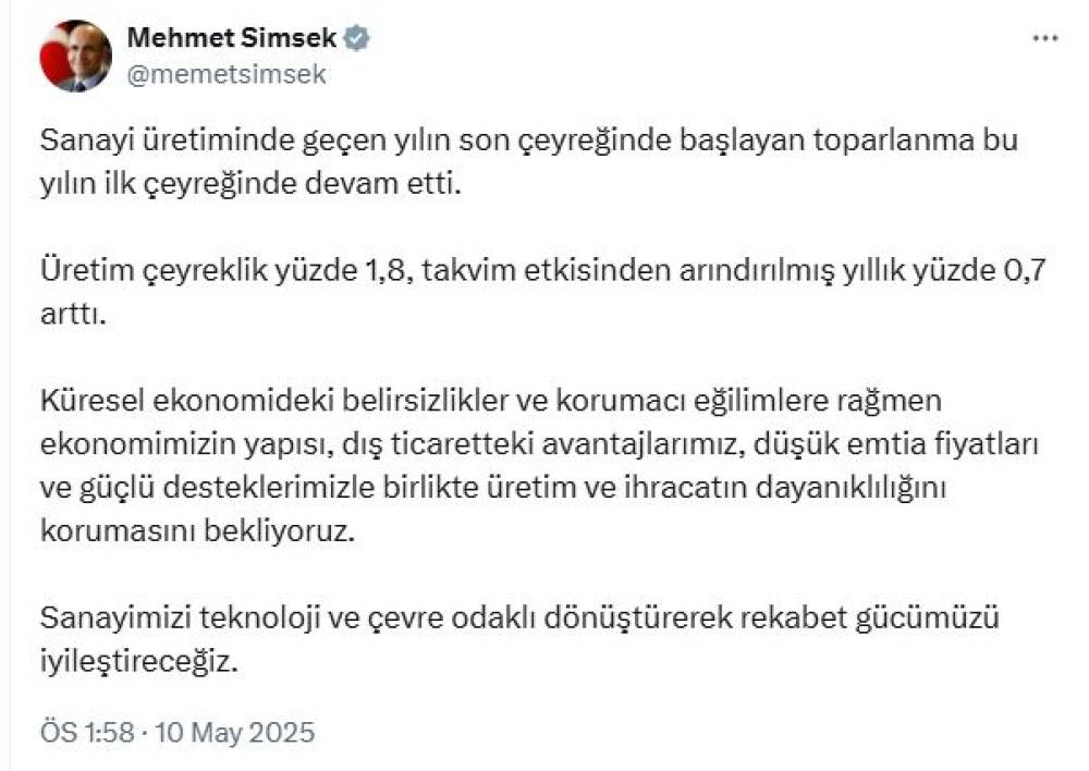 Bakan Şimşek: Sanayi üretimindeki toparlanma devam etti
