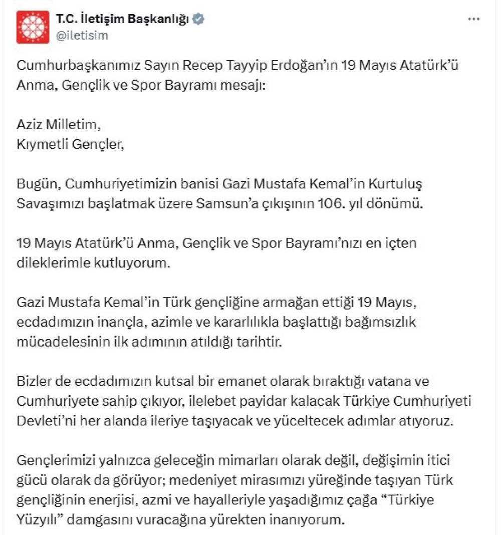 Cumhurbaşkanı Erdoğan'dan '19 Mayıs' mesajı